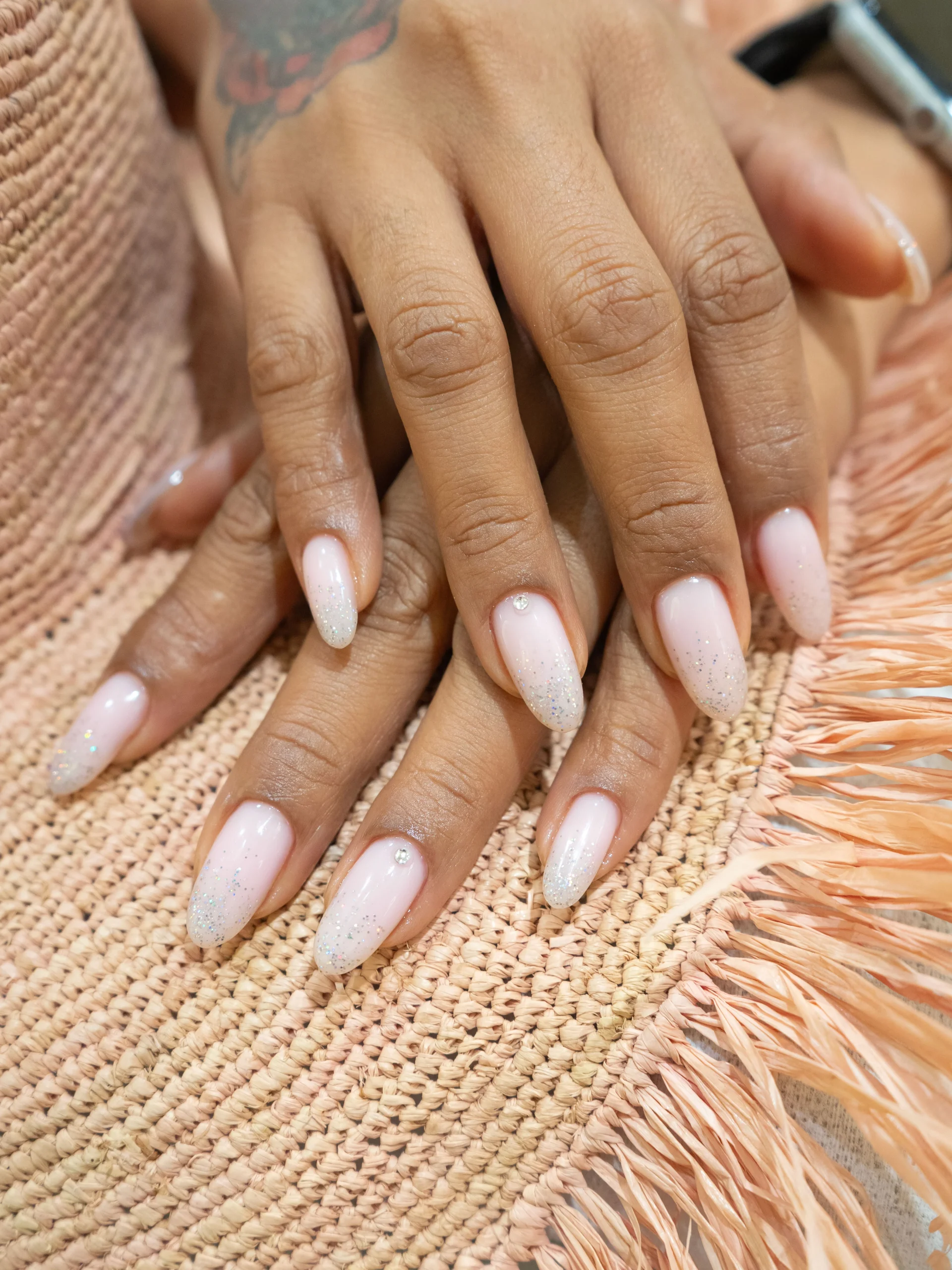Almond Gel Nails with Milky Pink Glitter Ombre Almond gel nails with milky pink glitter ombre at Casa Rio Beauty Salon JVC